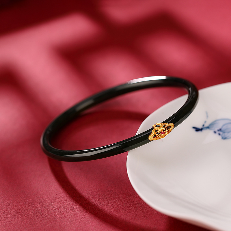 Vòng tay ngọc bích Hetian tự nhiên họa tiết hươu bạc S925 mạ vàng phong cách cổ điển — Đường kính trong 62mm (đơn), Đường kính trong 56mm (đơn), Đường kính trong 58mm (đơn), Đường kính trong 64mm (đơn)