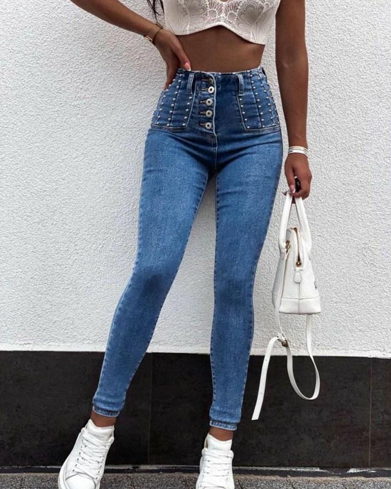 Women's Holiday Daily Simple Style Solid Color Full Length Button Jeans Skinny Pants display picture 8