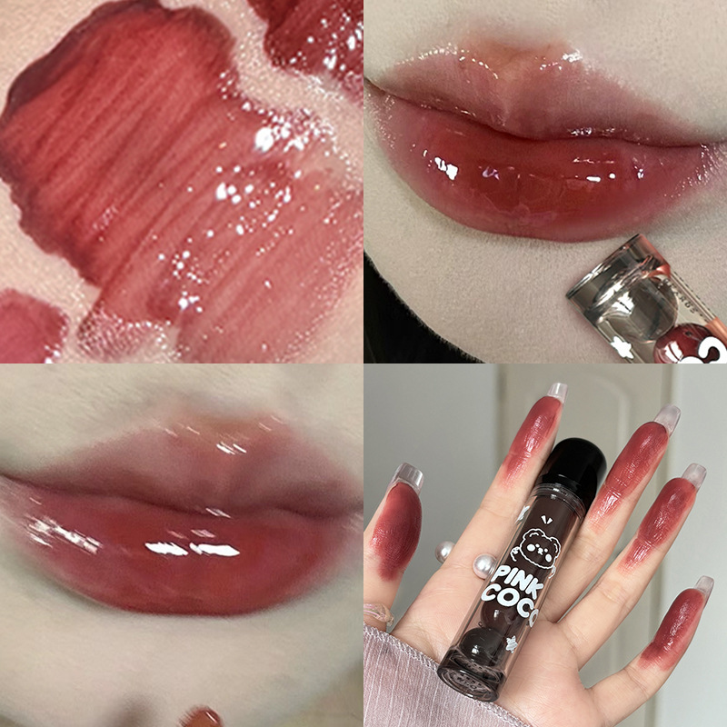 PINKCOCO熊ブツブツ鏡面唇釉薬色落ちしない水光唇彩学生党白すっぴん顔色口紅|undefined