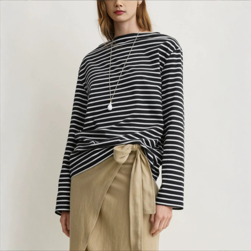 Cotton boat neck striped long-sleeve T-shirt for women, early autumn 26 new model, TOT loose casual style versatile base top