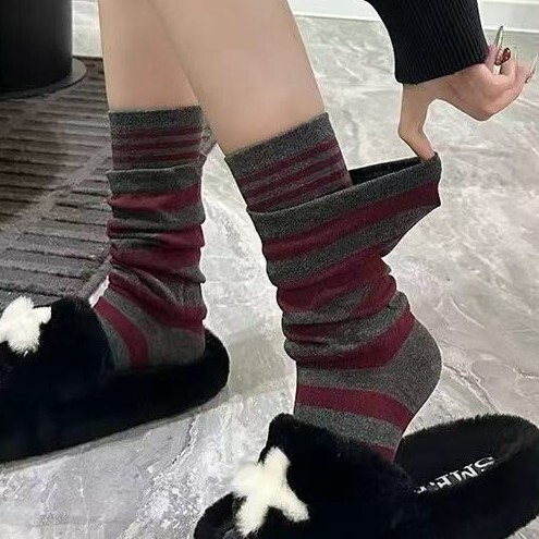 Korean-Style Pure Cotton Double-Layer Flared Fake Two-Piece High-End Mid-Calf Socks for Women with Three-Dimensional Striped Trendy Slouch Socks