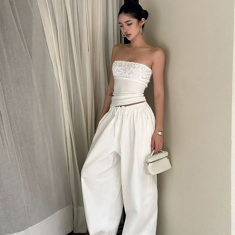 Women's Strapless Sequin Patchwork Top Slim Fit Off-shoulder White_voghion.com