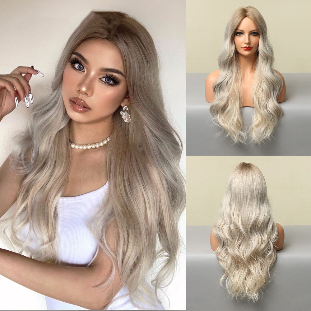 Synthetische Perücke für Damen, langes lockiges Haar mit Farbverlaufsfärbung auf dem Kopf, großes Wellen-Stirnband, Hochtemperatur-Seiden-Rosennetz_voghion.com