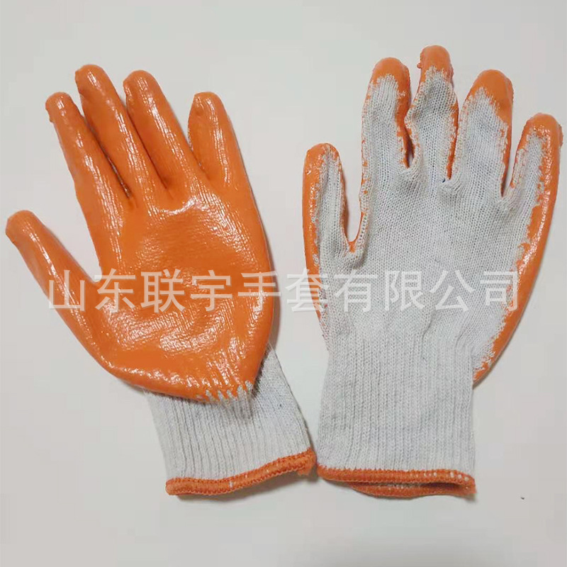 供应十针纱线平板胶手套 乳胶皱纹加厚浸胶挂胶透气工地劳保手套