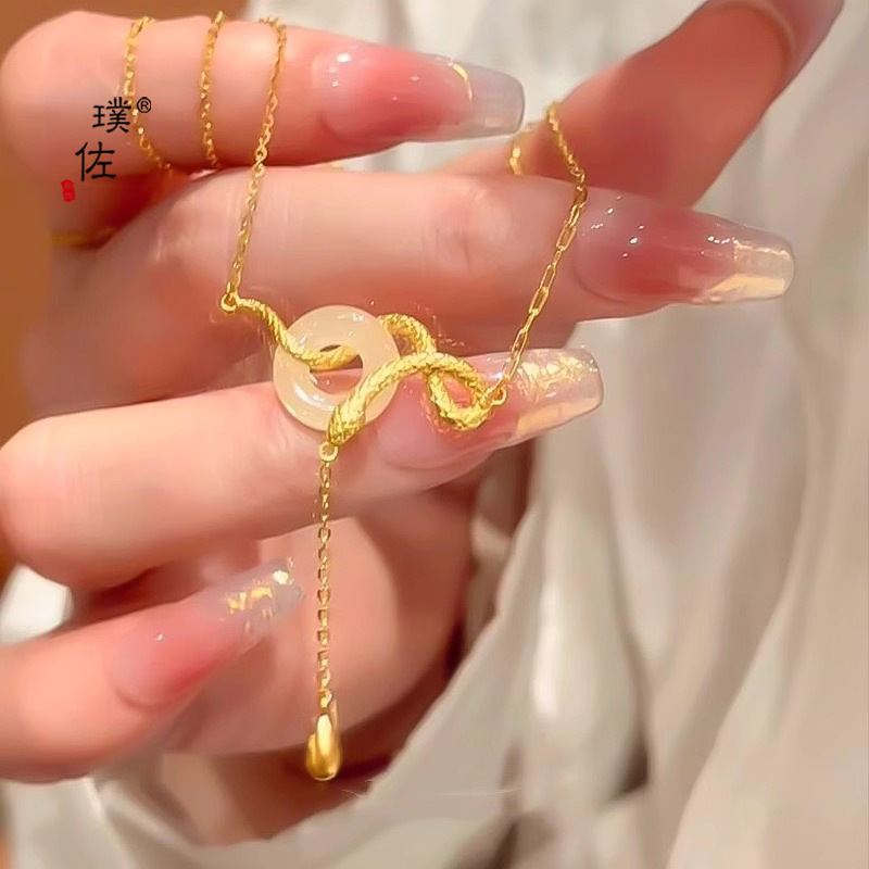 璞佐金店同款沙金靈蛇平安扣項鍊百搭獨特精緻蛇年本命年鎖骨鏈女