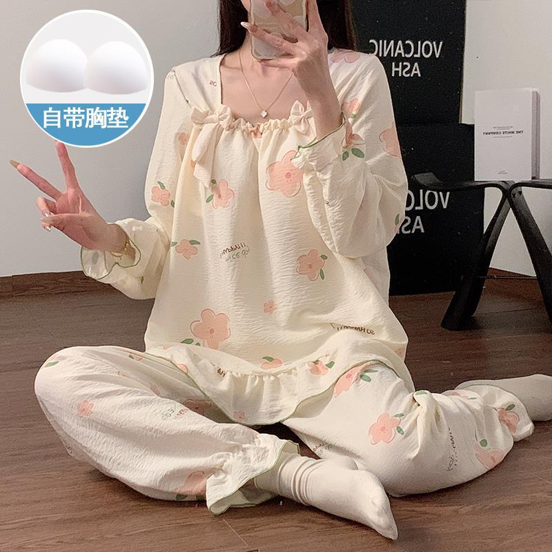 春と秋の女性用パジャマ、胸パッド付き長袖ズボン、膨らみ防止スーツ、冬と夏の女性のかわいい漫画のホーム服|undefined