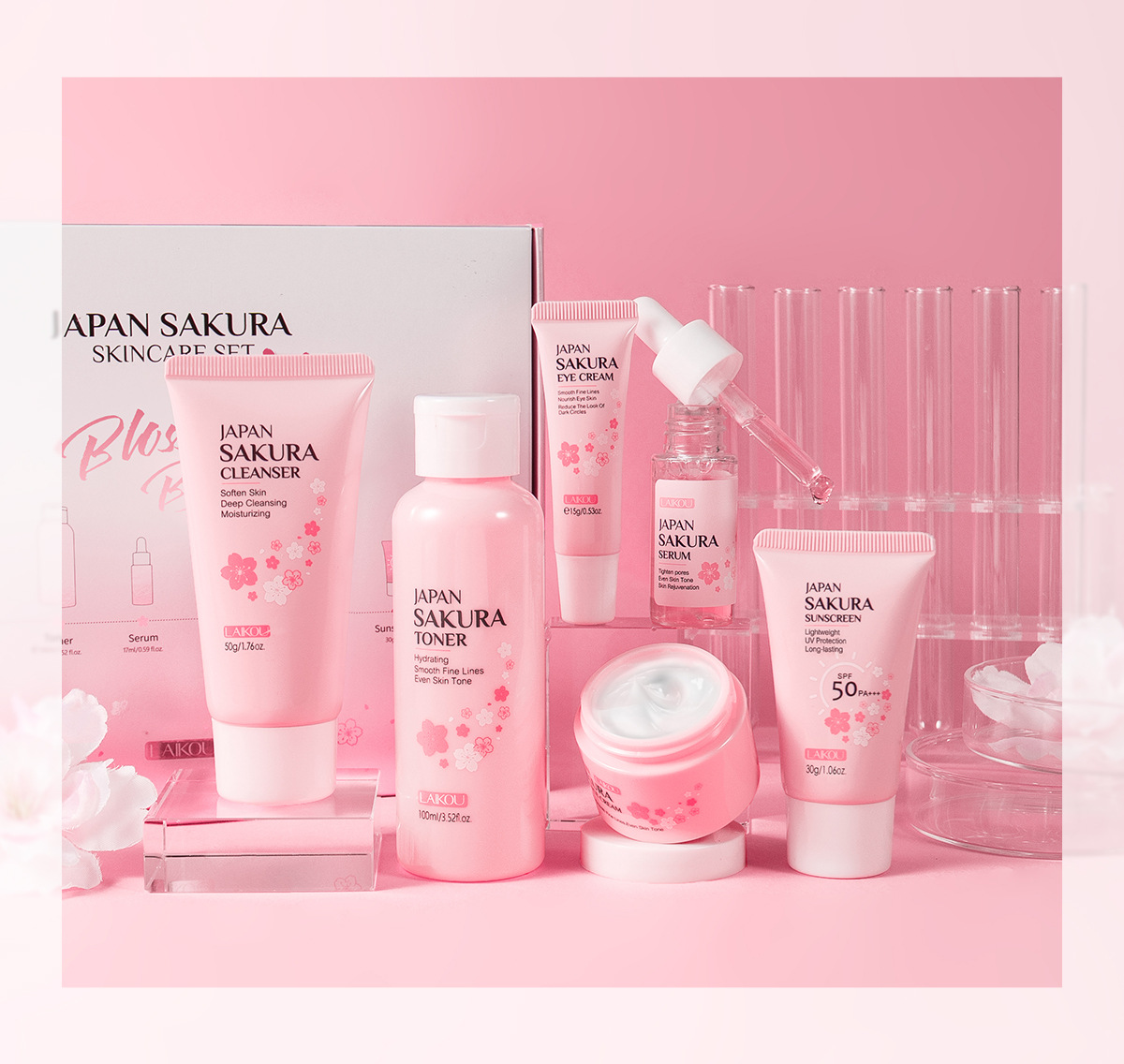 LAIKOU Cherry Blossom Skincare six-piece Set: Facial Cleanser, Essence, Eye Cream, Face Cream, Toner, sunscreen, Cross-border undefined