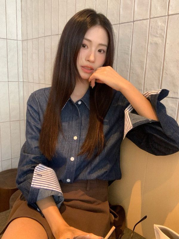 原版RL拉夫牛仔衬衫女装小马标刺绣美式复古衬衣老钱风polo领上衣|undefined