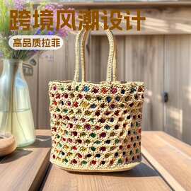 手钩拉菲草拼色圈圈手拎包包单肩草编包沙滩包包手钩绣花包彩色包