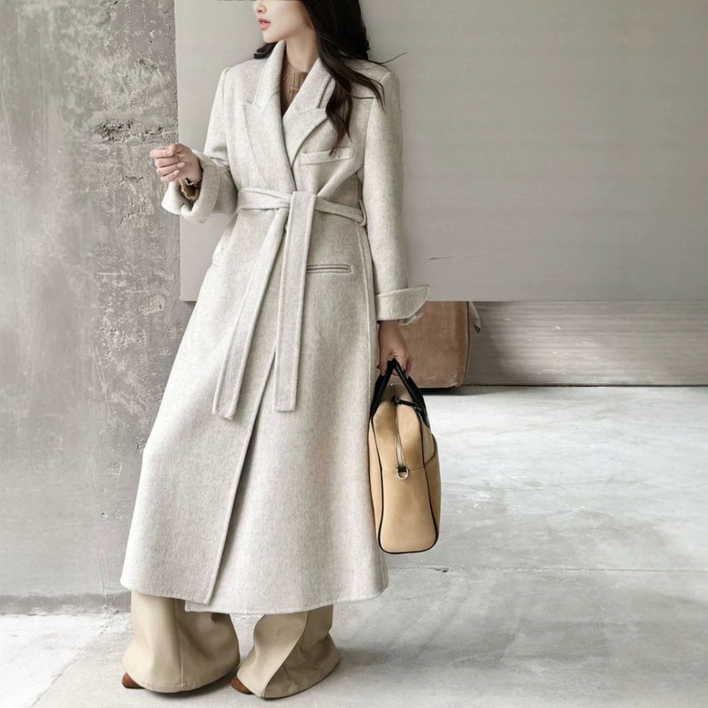 Suit collar, solid color, longline wool coat with tie, double-faced wool coat, Korean-style loose fit, new autumn/winter collection, Korean style