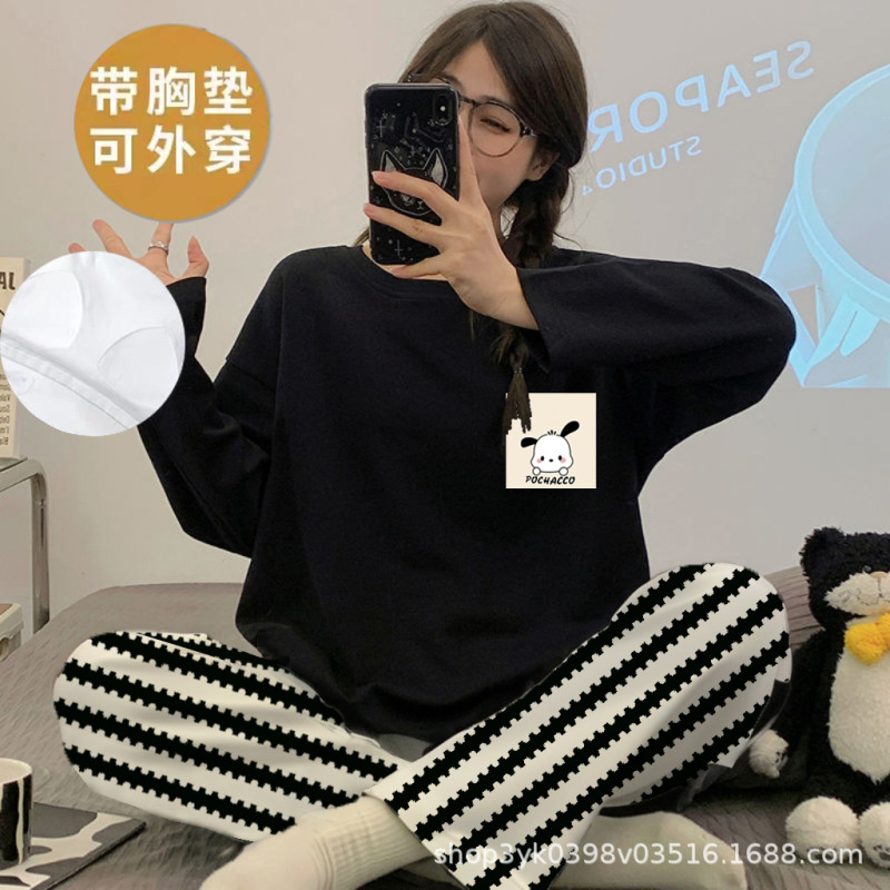 跨境2025新款睡衣女款春秋带胸垫长袖薄款大码秋季一体家居服套装|undefined