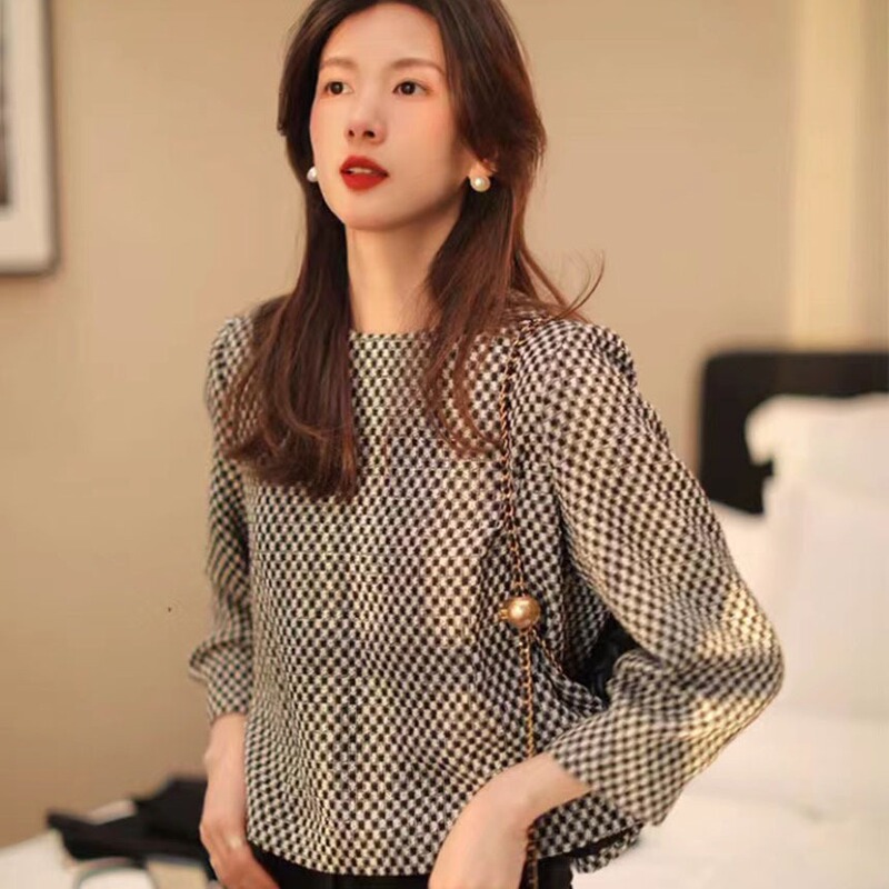 Autumn and winter black and white small plaid tweed blouse special lining intellectual petty 9116 black and white tweed jacket