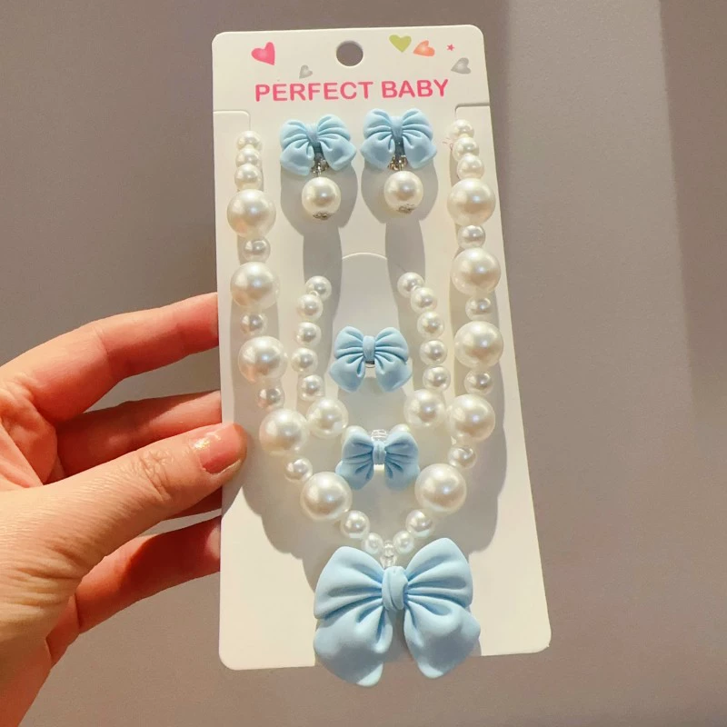 Детское ожерелье, цепочка, милый набор с бантиком, украшения из жемчуга, подарок на день рождения