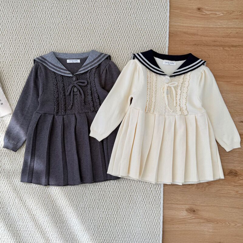Cutemily Autumn/Winter Baby Girls' Preppy Style Lapel Dress Yuanbao Collar Knitted Crochet Pleated Dress