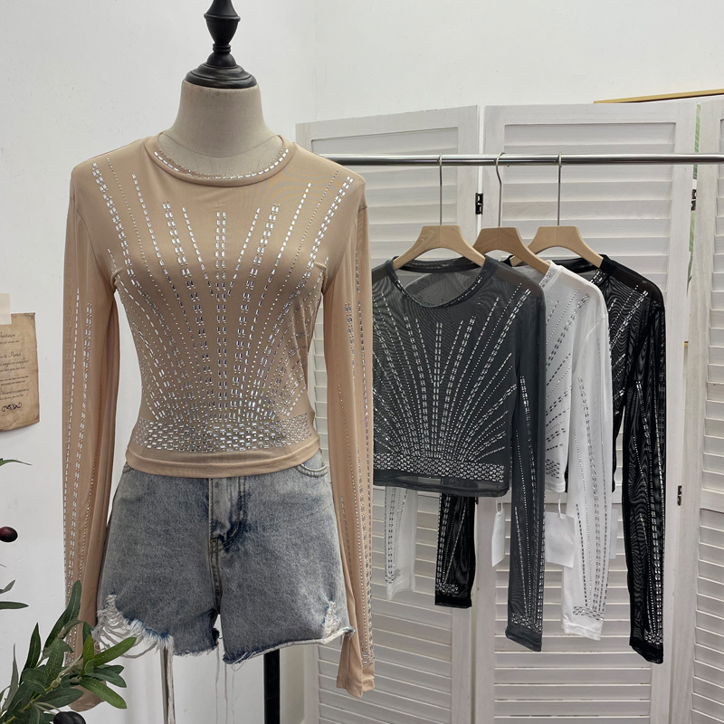 Diamond Embedded Thin Sheer Mesh Long Sleeve T shirt Slim Short Backless Top Women 6 Diamond Embedded Thin Sheer Mesh Long Sleeve T shirt Slim Short Backless Top Women