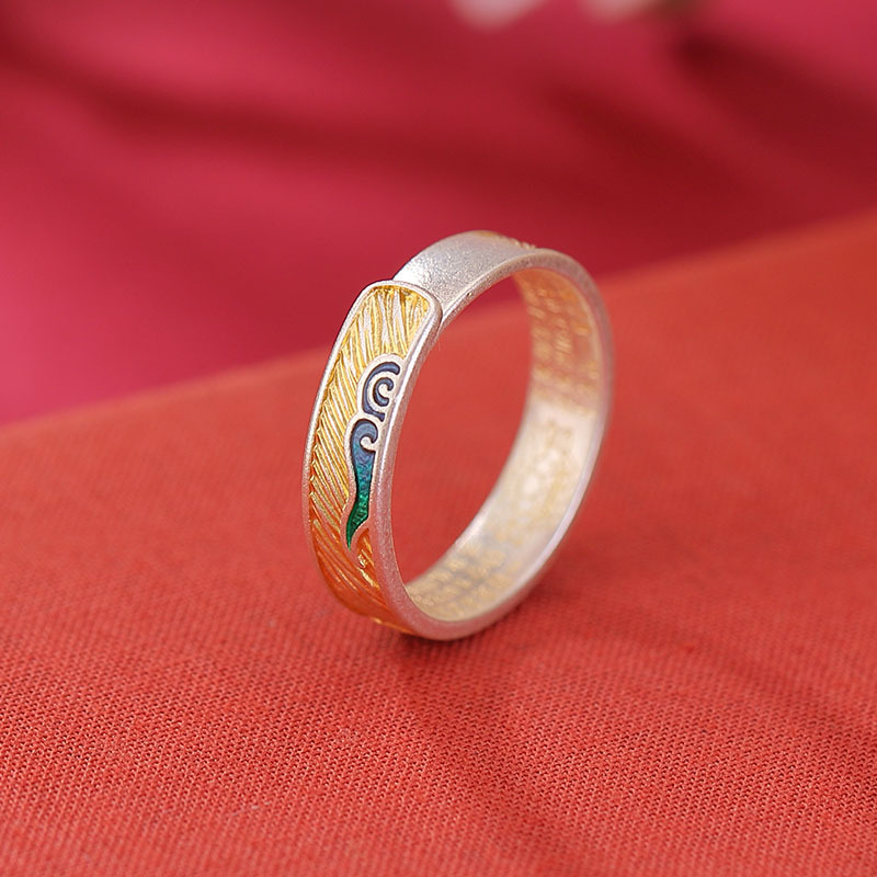 Nhẫn bạc S999.9 chạm khắc hoa sen tráng men phong cách quốc gia — 999,9 bạc nguyên chất