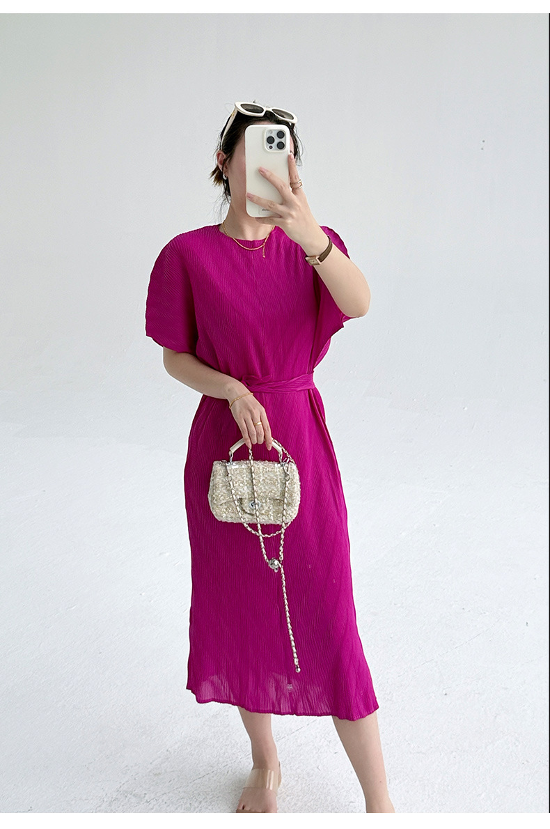 Váy liền thắt eo họa tiết xếp ly cổ tròn thanh lịch — Màu đen chi tiết 15
