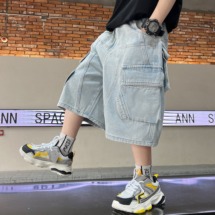 Men's Clothing Distressed Wash Denim Capri Pants For Kids - Stretch Waist Comfort Fit - Unisex Flannel-Lined Casual Trousers (120-170cm, Indigo Blue)_voghion.com