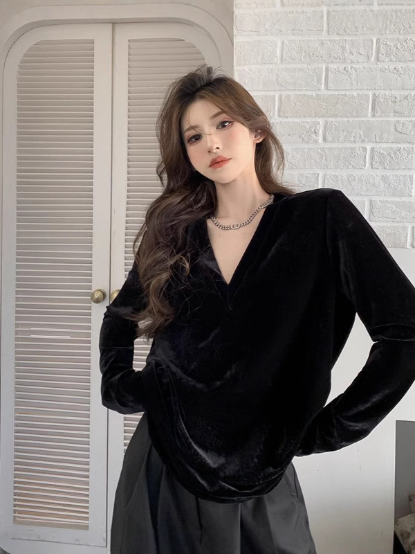 【自宅工場現物】vネック長袖ベルベットtシャツ女性気質ゆるい中長タイプのインナーシャツ上着|undefined