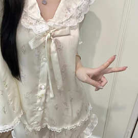 娃娃领卡通兔子2025新款睡衣女款短袖短裤甜美蕾丝花边家居服套装