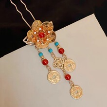 国风小财神铜钱有钱花发簪古风流苏簪子盘发发夹旗袍汉服新年头饰