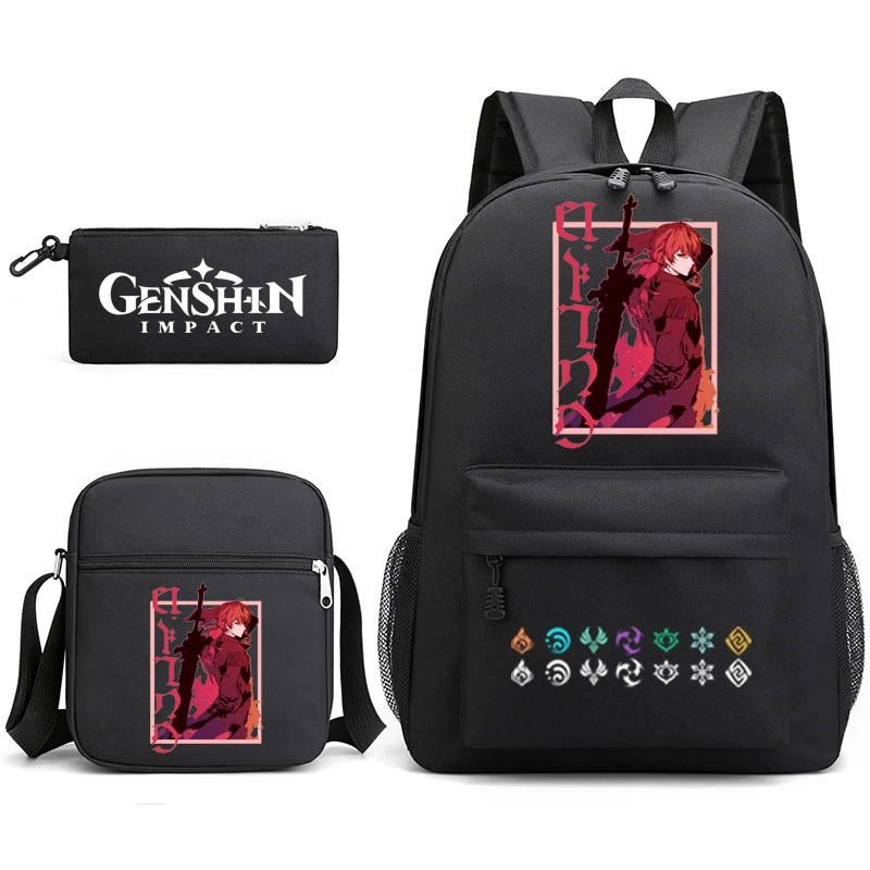 Backpack set (Genshin) 3‑piece — backpack, one‑shoulder bag, pencil case, assorted colors
