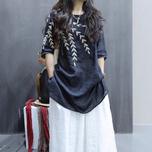 复古重工刺绣棉麻衬衫女夏季宽松开叉休闲中长款轻薄亚麻恤上衣