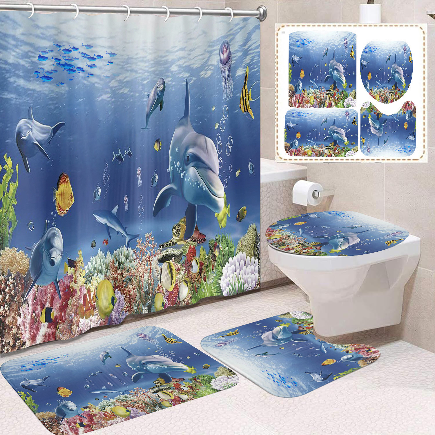 Cortina de ducha transfronteriza con diseño de delfines azules, estampada digitalmente, de poliéster, sin perforaciones, para baño, decoración del hogar image 14