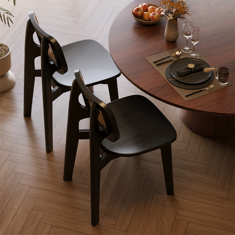 Silla de comedor de caña medieval silla de respaldo nórdica doméstica silla de caña moderna silla de diseño retro mesa de comedor de madera negra