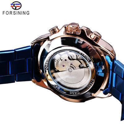 Una generación impermeable FORSINING tres ojos y seis agujas reloj mecánico automático para hombre reloj para hombre reloj con correa de acero