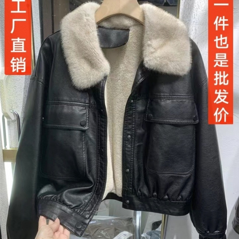 ヨーロッパ製ベルベットレザージャケットレディース冬香港スタイルレザーライダースジャケットレッキスラビットファー裏地ショートトップ|undefined