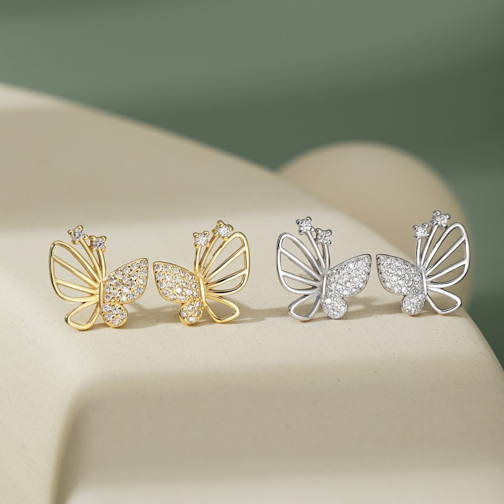 Fairy Style Butterfly Sterling Silver Plating Zircon Ear Studs 1 Pair