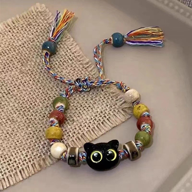 Colorful Cat Ceramic Woven Rope Niche Design Sense Bracelet Women's Sweet Cool Chinese Style Tassel Color Bracelet