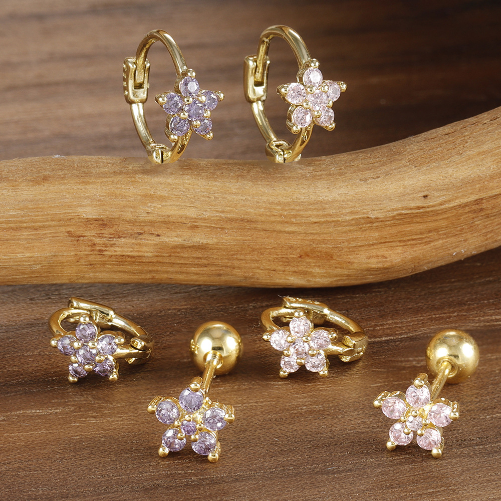 10g Weight Copper Ear Needle Material Earrings, Ear Studs Classification 1 Set Quantity Daily Occasion Copper Material Star, Flower Pattern All Seasons Season Women's Gender Plating Design Elegant Style 1 Set Elegant Star Flower Plating Copper Earrings Ear Studs 2