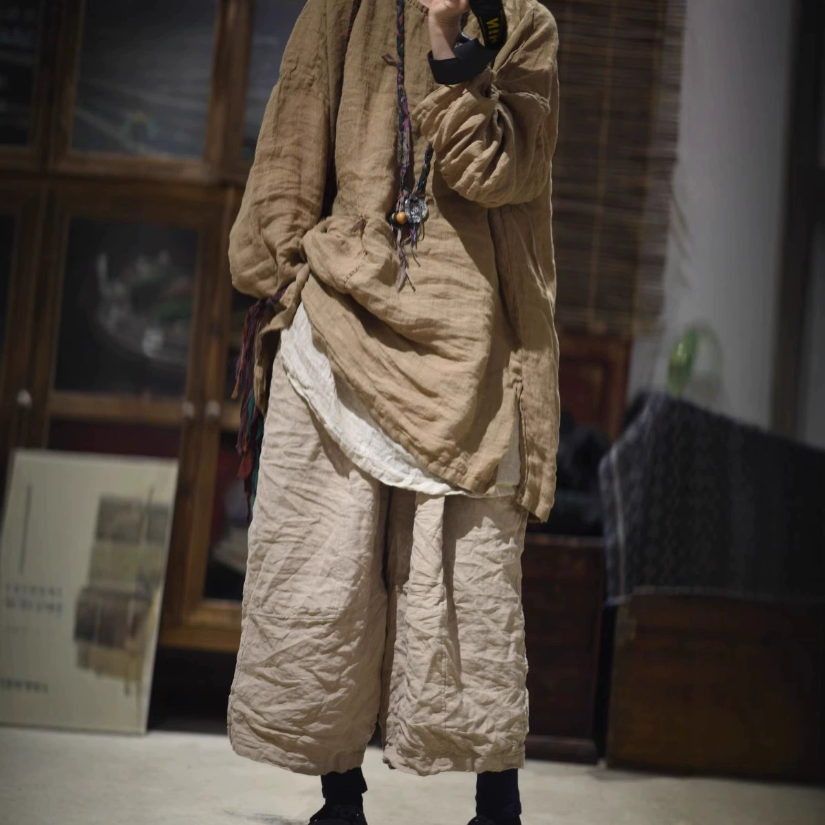 25/2SN142 льняной пуловер ручной работы в стиле ретро, ​​халат средней длины