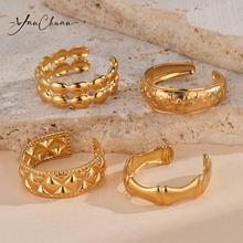 欧美时尚14K金色不锈钢女戒 几何形纹理交叉线条开口戒指饰品批发