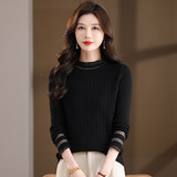 时尚大码长袖衫2025冬装新款胖MM减龄木耳边半高领蕾丝弹力打底衫，女装针织衫/毛衣，妃慕昵服饰