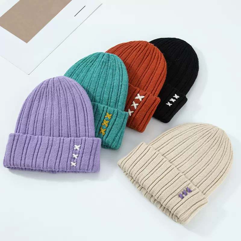 糖果色手工设计款百搭秋冬个性男女纯色叉叉毛线针织帽冷帽潮成人