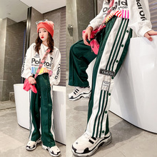 女童潮酷套装运动秋装儿童装韩版洋气时髦卫衣侧边拉条绿色休闲裤