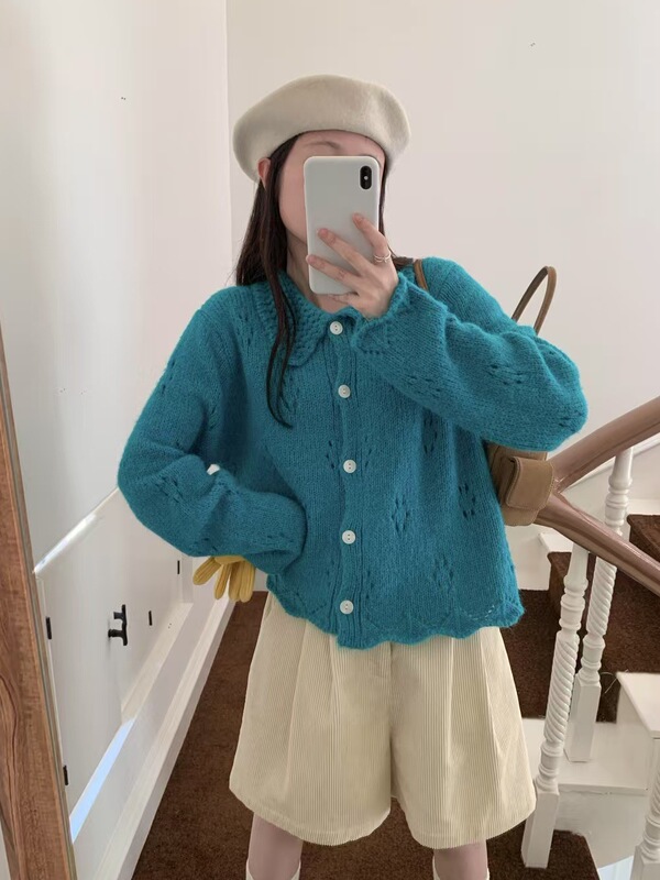 韩系奶fufu马海毛镂空翻领针织开衫女秋季新款甜美减龄毛衣外套潮|undefined