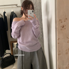 i miss韩标马海毛一字肩针织衫女2025秋季新款露肩打底纯色毛衣