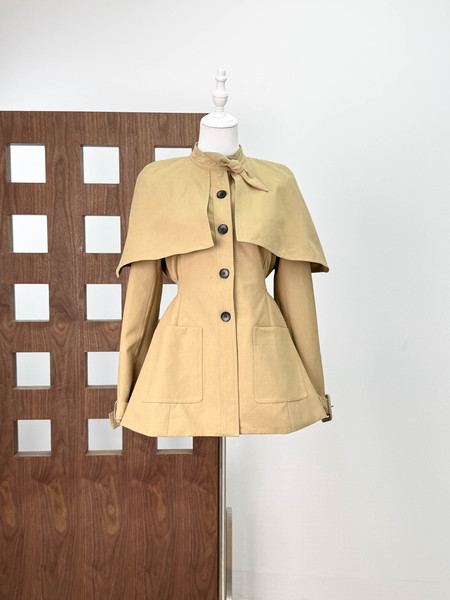 South Korean Noble Lady's British-Style Patchwork Bow Tie Faux Two-Piece Waist-Cinching Cape Trench Coat for Women, Mid-Length