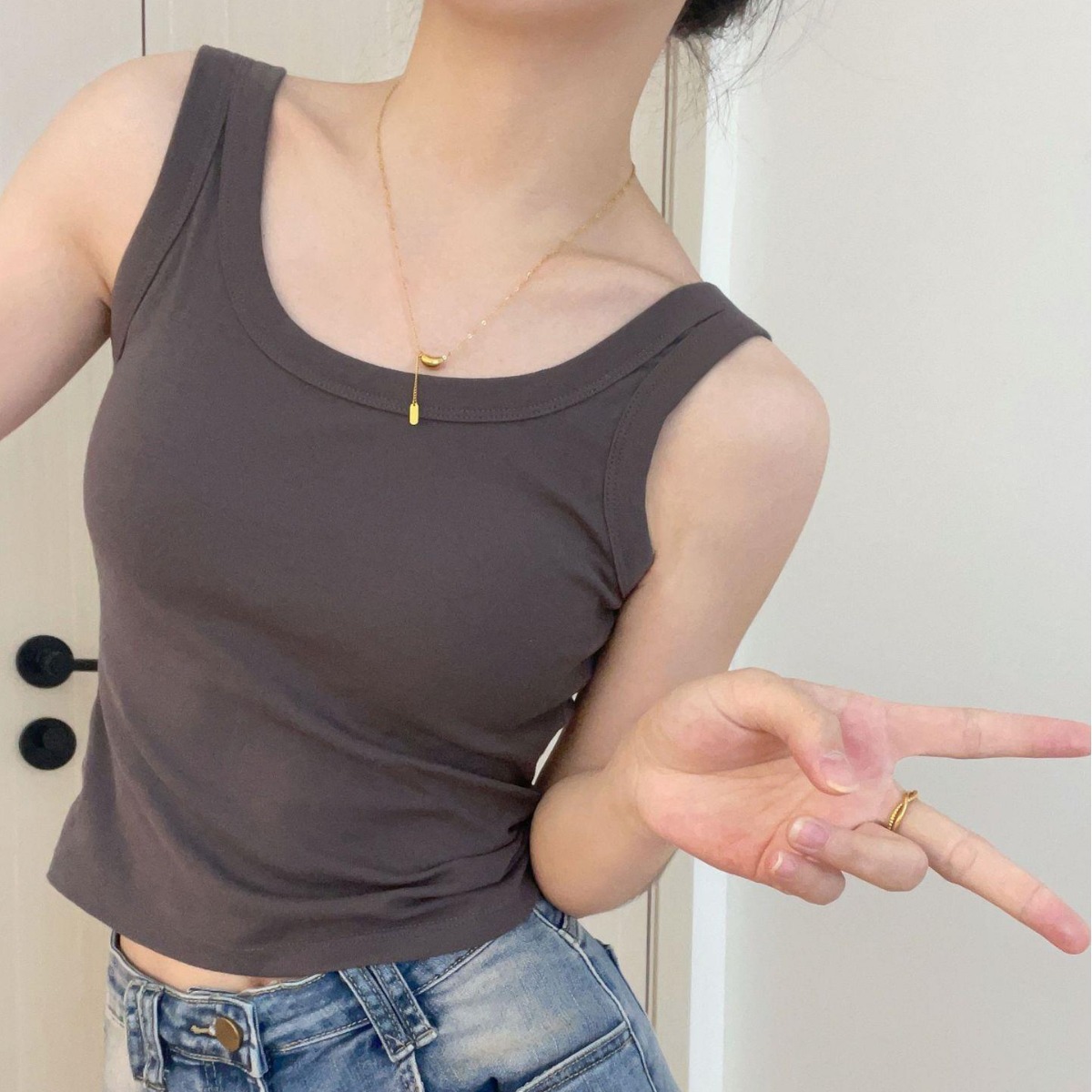 가슴 패드가 내장된 여성용 솔리드 컬러 불투명 조끼 슬링, 고정 컵, 가슴 커버, 다용도 이너웨어 및 아우터웨어, 심플 조끼