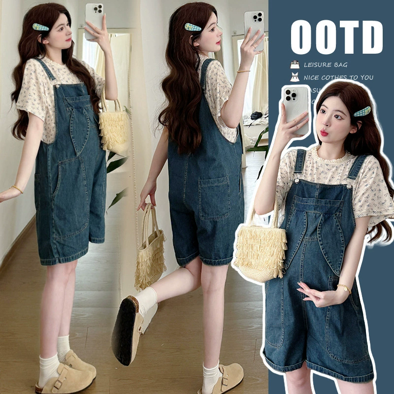 Denim overall, summer T-shirt, fashionable set for pregnant, floral print