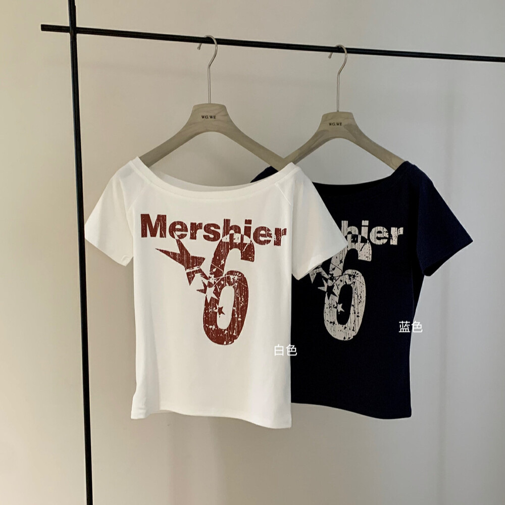 WGWE 2025 Camiseta de manga corta con estampado de letras de hombro oblicuo retro americano Xia Hot Girl Camiseta de manga corta de estilo perezoso W5441 image 2