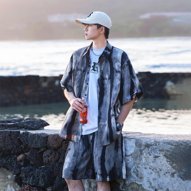 Ice Silk Tie Dye Sports suit Men's Summer Trendy Brand New Style Handsome Loose Short-sleeved Shirt Beach Shorts Casual Two-piece Set