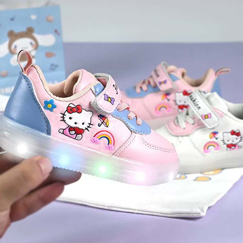 Весенне-осенние новые детские светящиеся туфли с мультяшным котом KT, модные светящиеся туфли с электронным шоком для девочек