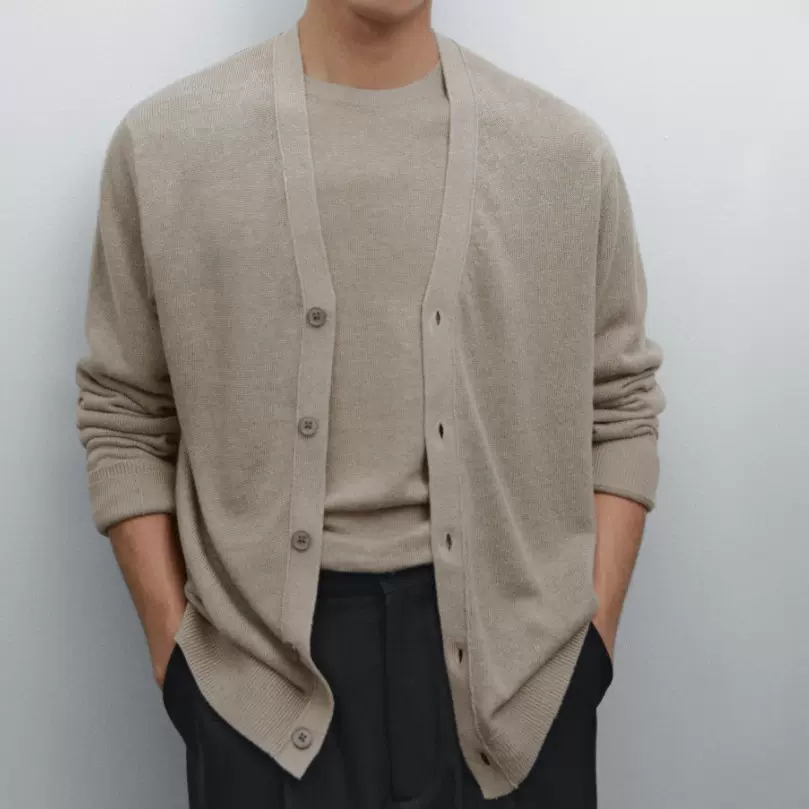 外贸客制高级感老钱休闲风v领开衫男士高端美利奴羊毛长袖毛衣