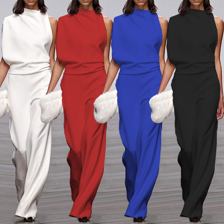 2025 New European Style Women's Pants Solid Color One-Shoulder Ruched Collar Jumpsuit Amazon Hot-Selling Gown Pants 2025 New European Style Women's Pants Solid Color One-Shoulder Ruched Collar Jumpsuit Amazon Hot-Selling Gown Pants