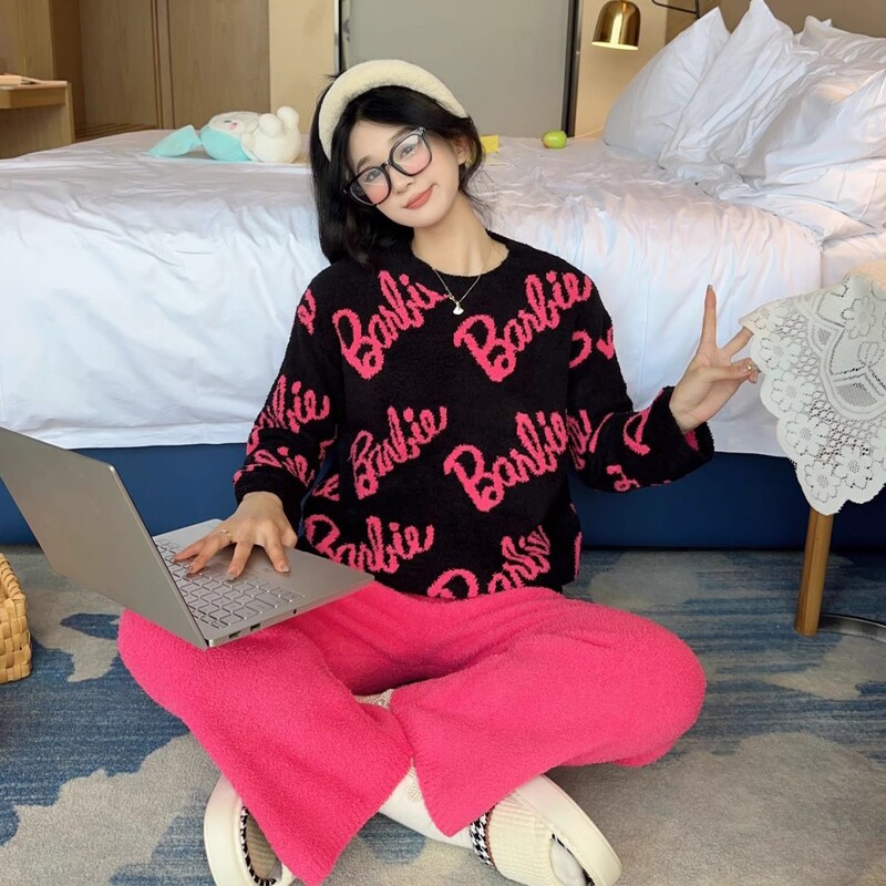 套头睡衣女秋冬季半边绒加厚款新款可爱学生法兰绒家居服套装外穿|undefined